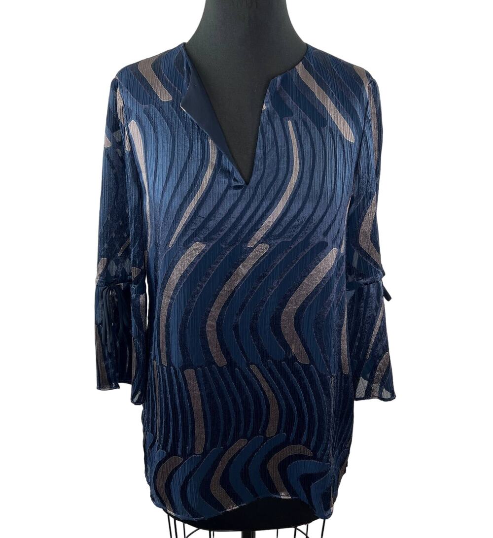 Lafayette 148 New York Navy Blue Split V-Neck Flounce Sleeve Satin Top Size S